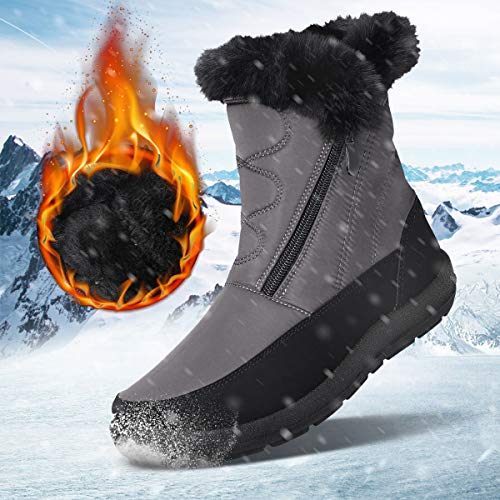 gracosy Snow Boots for Women, Warm Ankle Boots Waterproof Outdoor Slip On Fur Lined Winter Short Booties Anti-Slip Comfort Zipper Shoes Grey 8 Women