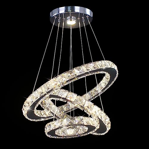 Modern LED Crystal Chandeliers 3 Ring Round Pendant Lighting Fixtures DIY Stainless Steel Ceiling Lamp Hanging Lights for Living Room Dining Room Bedroom Kitchen (Changeable Light)