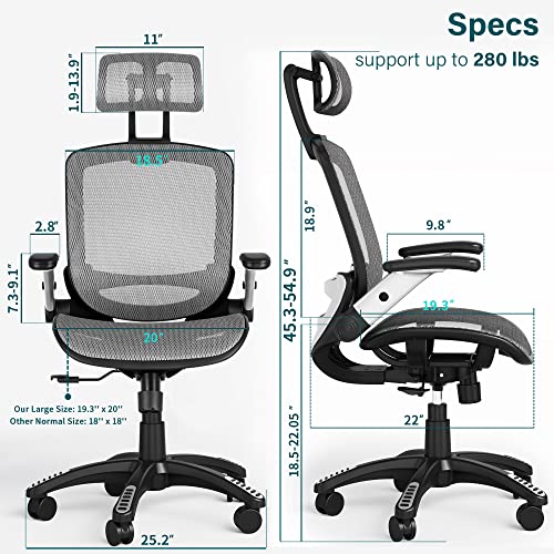 GABRYLLY Ergonomic Mesh Office Chair, High Back Desk Chair - Adjustable Headrest with Flip-Up Arms, Tilt Function, Lumbar Support and PU Wheels, Swivel Computer Task Chair, Grey