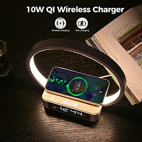 blonbar Bedside Lamp Qi Wireless Charger LED Desk Lamp with Alarm Clock, Touch Control 3 Light Hues, 10W Max Wireless Charging Table Lamp,Eye-Caring Reading Light for Kids, Adults, Home.