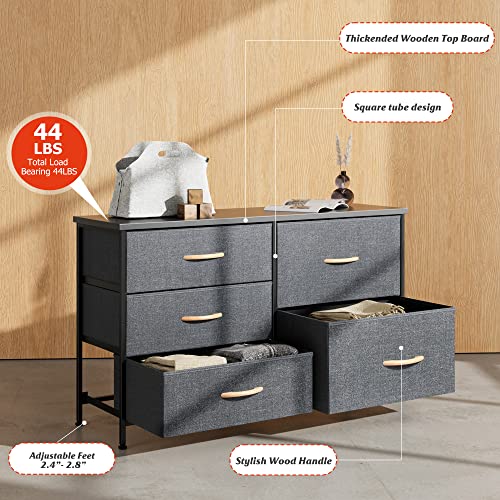 Nicehill Dresser for Bedroom with 5 Drawers, Storage Drawer Organizer, Wide Chest of Drawers for Closet, Clothes, Kids, TV Stand with Storage Drawers, Wood Board, Fabric Drawers(Black Grey)