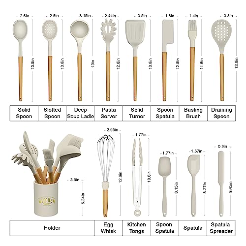 Kitchen Cooking Utensils Set, 14 Non-Stick Silicone Cooking Kitchen Utensils Spatula Set with Holder, Wooden Handle Silicone Kitchen Gadgets Utensil Set for Nonstick Cookware (Khaki)