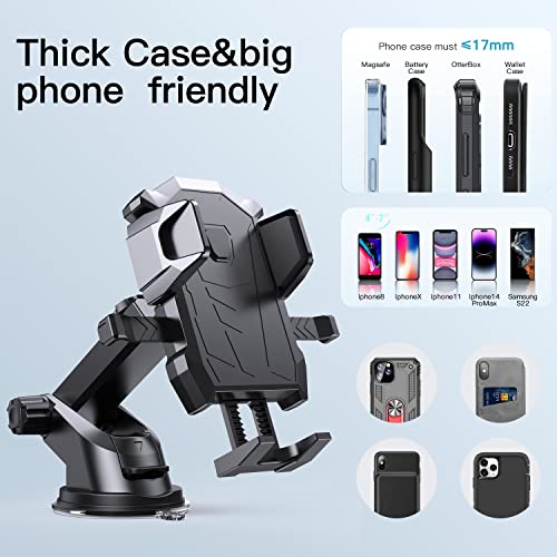 SUYRAKI Phone Mount for Car Dashboard & Windshield Hands Free, Cell Phone Holder with Super Suction Cup and Long Arm Compatible with iPhone Samsung & Other Cellphone