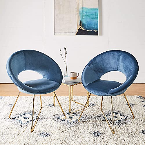 CangLong Modern Velvet Accent Upholstered Make-up Stool Home Office Guest Reception Dining Leisure Lounge Chairs with Golden Legs Set of 2, Blue 1