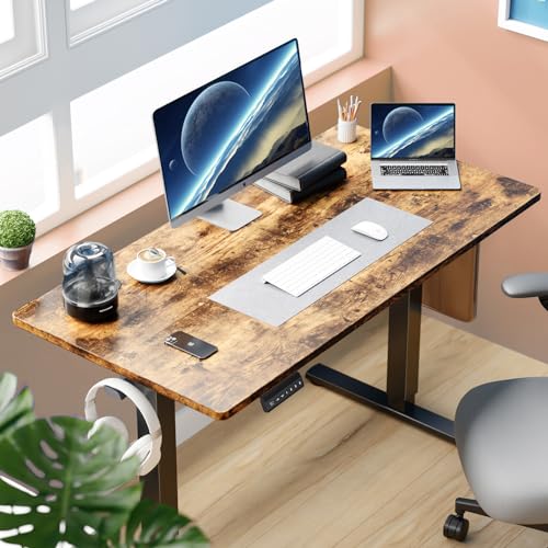 DUMOS 55 Inch Electric Standing Office Desk Height Adjustable Sit Stand up PC Workstation Wood Computer Work Table for Home Bedroom Gaming Room