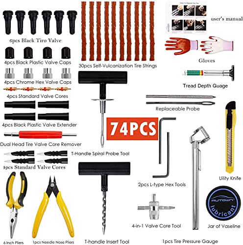 AUTOWN Flat Tire Repair Kits, 74 Pcs Universal Tire Plug Kit Heavy Duty Flat Tire Puncture Repair Kit for Cars, Trucks, Motorcycles, ATV,RV, Jeep, Tractor, Trailer