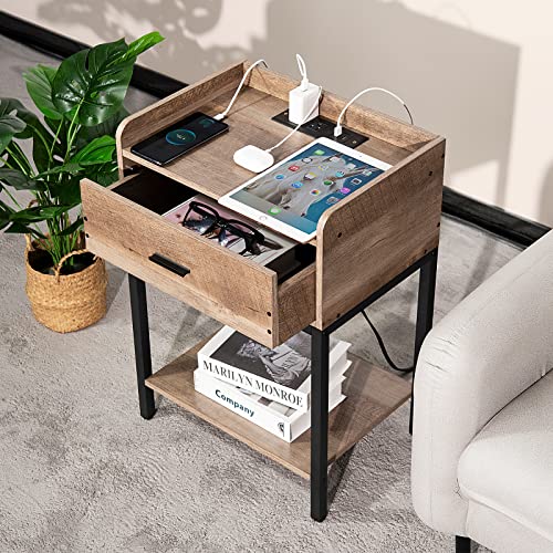Lerliuo Nightstand with Charging Station and USB Ports, 3-Tier End Side Table with Storage Drawer and Shelf, Modern Bedside Night Stand for Bedroom, Living Room- Greige and Black