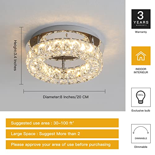 Crystal Ceiling Light Bright Led Ceiling Light Fixtures ,12 in Flush Mount Ceiling Light,ETL Listed Modern Crystal Chandelier for Bedroom, Kitchen, Bathroom, Hallway, 25Watts,3000K,Stainless Steel