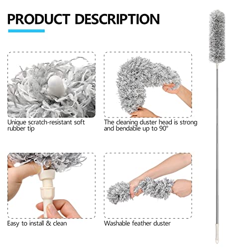 Clonynix Microfiber Feather Duster with Telescopic 30"-100" Long Stainless Steel Pole & Bendable Head, Washable Duster for Cleaning Interior Roof,High Ceiling Fan, Blinds, Furniture & Cars