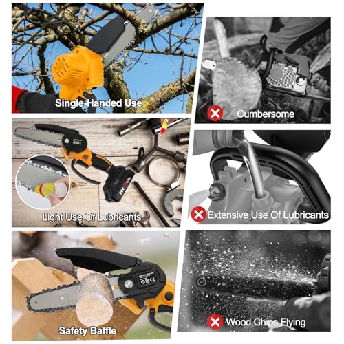 CKEVE Mini Chainsaw 6-Inch, Cordless Electric Chain Saw Battery Powered with Safety Lock for Garden Tree Trimming, 250W Motor, 2 Chains, 2 Rechargeable Battery 20V 2000mAh, Gloves Included, Orange