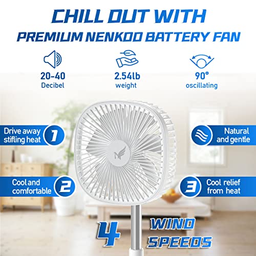 Nenkoo Battery Operated Fan, 8" Portable Oscillating Travel Fan 12500mAh with 4 Speed Timing Remote Control, White Desk Fan, Table Fan Adjustable Height 14.6"-40.2", Retractable Fan Travel Cruise