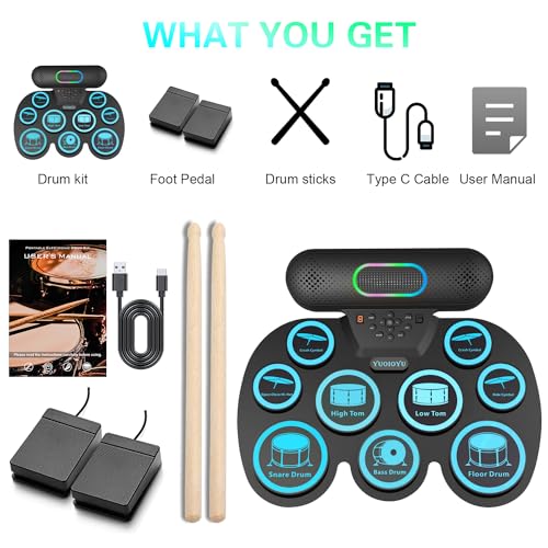 Electronic Drum Set - YUOIOYU Electric Drum Set Potable Drum Kit MIDI Practice Drum Pad with Dual Built-in Speaker, Drum Sticks and Pedals,Christmas Birthday Gift for Kids Adult