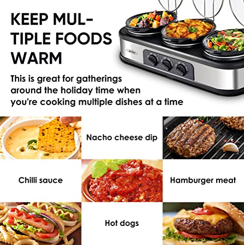Sunvivi Slow Cooker, Triple Slow Cooker Buffet Server 3 Pot Food Warmer, 3-Section 1.5-Quart Oval Slow Cooker Buffet Food Warmer Adjustable Temp Lid Rests Stainless Steel,Total 4.5 QT