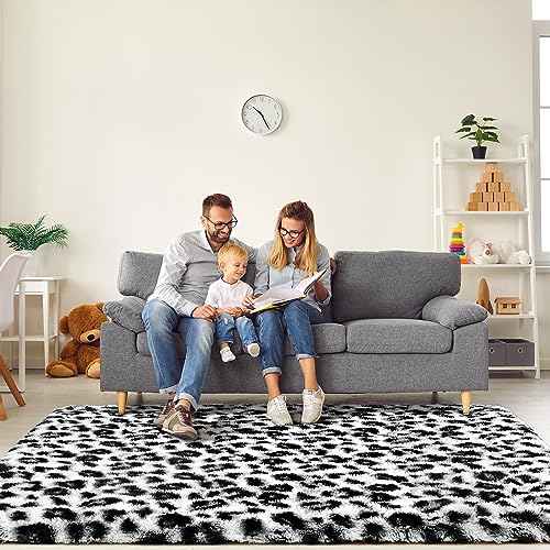 BENRON Fluffy Bedroom Rug Leopard Rug for Living Room Black and White Area Rug 4x6 Ft Cute Cheetah Print Rug for Kids Girls Boys Nursery Room Decor Alfombras para Salas