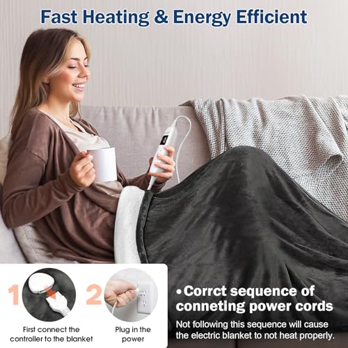 Heated Blanket Electric Throw, 50" x 60" Electric Blanket, 10 Heat Levels & 1-8hrs Timer Auto-Off, ETL Certified, Mashine Washable, Full Body Soft Flannel Sherpa Heating Blankets for Home Bed Office