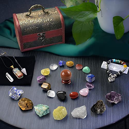 Healing Crystals Set, 28 Pcs Real Crystals and Healing Stones Kit, Energy Crystals for Beginners Meditation Yoga, 14 Natural Tumbled Crystals and 7 Raw Chakra Stones, Crystal Ball, Pendulum, Selenite