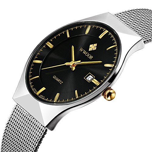 MASTOP Men Watch Ultra Thin Watches Stainless Steel Mesh Band Quartz Wristwatch Fashion Date Waterproof Watches (Black Silver)