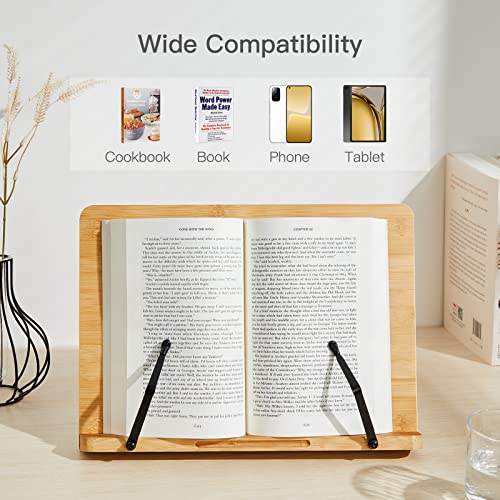 Pipishell Bamboo Book Stand, Cookbook Stands Reading Book Holder with 5 Adjustable Height, Foldable Wooden Cookbook Holder for Textbook, Receipe, Music Books, Tablet