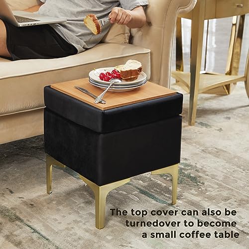 HOUCHICS SquareStorage Ottoman,Soft Footstool with Metal Legs,Black Ottoman Foot Rest for Living Room,Bed Room