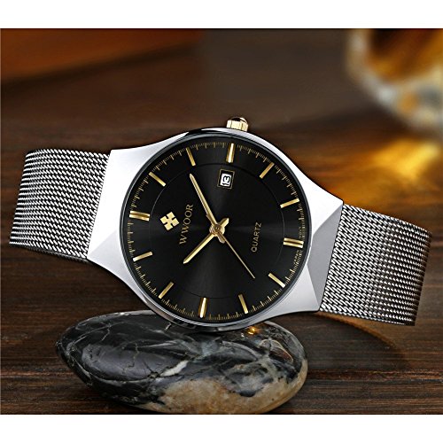 MASTOP Men Watch Ultra Thin Watches Stainless Steel Mesh Band Quartz Wristwatch Fashion Date Waterproof Watches (Black Silver)