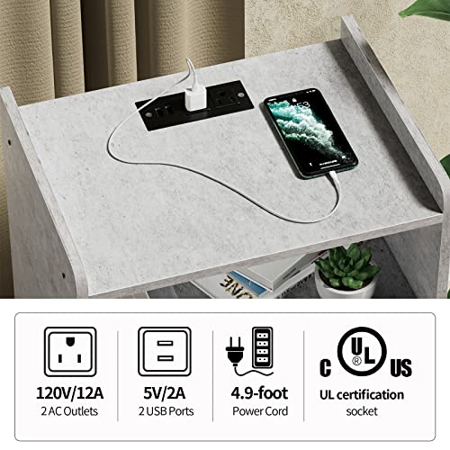 Gannyfer Nightstand with Charging Station, Night Stand with USB Ports and Storage Drawer, Modern 3-Tier End Side Table, Small Wood Bedside Table for Bedroom,Living Room,Grey