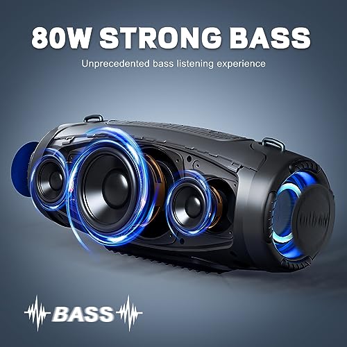 Ortizan Bluetooth Speakers Loud, 80W Powerful Sound and Monstrous Bass, IPX7 Waterproof/True Wireless Stereo/Power Bank/Pro EQ/DSP/LED Lights/12H Playtime, Portable Outdoor Speaker for Party, Camping