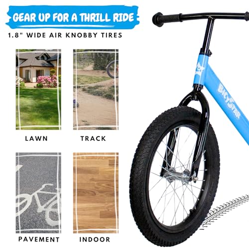 bicystar 16 Inch Balance Bike, Toddler Bicycle Ages 5-8, Air Tires, No Pedals Push Bike, Toddler Outdoor Toy Bike for Kids, Boys Girls, Blue