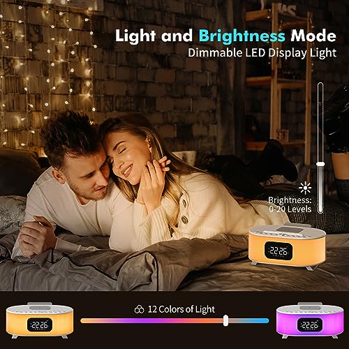 Digital Alarm Clock, Wireless Charger, Bluetooth Speaker, Snooze, Dual Alarms Sleep Timer 12 24H, Natural Sounds, Adjustable Night Light for Bedroom with 12 Colors, Ideal Gift for Heavy Sleepers