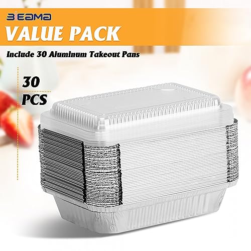 BIEAMA 50 Pack 8x5.5 Disposable Takeout Pans with Clear Lids, Disposable Baking Pans for Food To Go, Take Out, Foil Pans with Plastic Lids for Spill Resistance