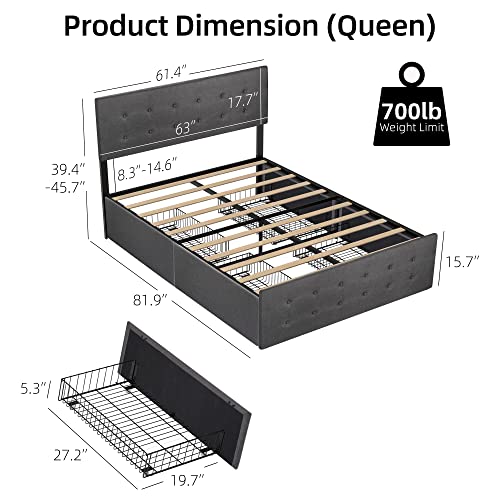 IDEALHOUSE Queen Bed Frame with 4 Storage Drawers and Headboard, Adjustable Upholstered Headboard Beds Mattress Foundation with Wood Slat Support, No Box Spring Needed