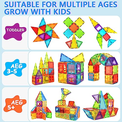 Magnetic Tiles for Kids Toys, STEM Magnetic Blocks Building Toys, Toddler Toys for Boys Age 3-4, Preschool Learning Educational Montessori Toys for 3+ Year Old, Christmas Birthday Gift for Toddlers