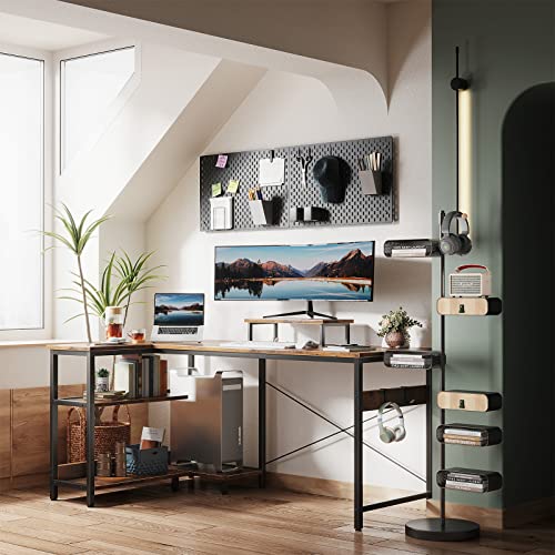 ODK Small L Shaped Computer Desk with Reversible Storage Shelves, 58 Inch L-Shaped Corner Desk with Monitor Stand for Small Space, Modern Simple Writing Study Table for Home Office, Rustic Brown
