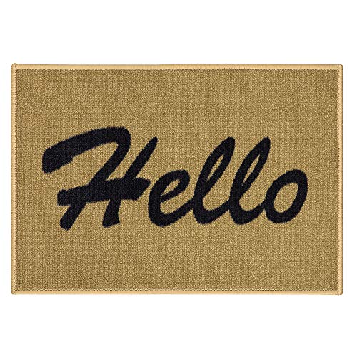Machine Washable Hello Design Non-Slip Rubberback 2x3 Entry Doormats for Doorway, Entryway, Indoor Door Mat Front Door, Rugs For Entrance, 20" x 30", Beige