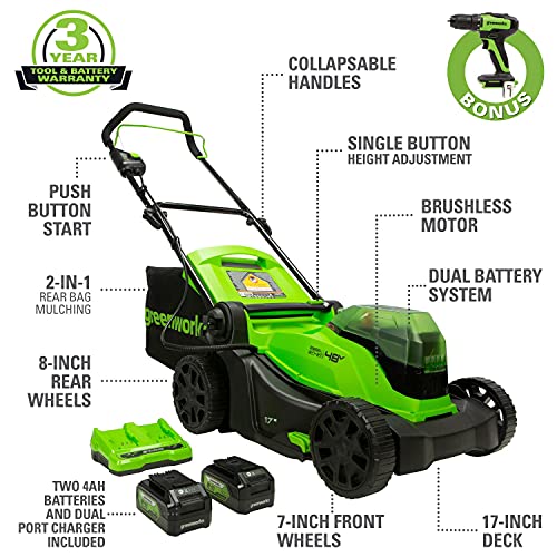 Greenworks 48V 17" Brushless Cordless Lawn Mower + 24V Brushless Drill / Driver, (2) 4.0Ah USB Batteries (USB Hub) and Dual Port Rapid Charger Included (2 x 24V)