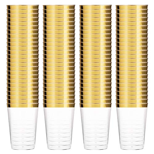 Munfix 100 Gold Plastic Cups 12 Oz Clear Plastic Cups Tumblers Gold Rimmed Cups Fancy Disposable Wedding Cups Elegant Party Cups with Gold Rim