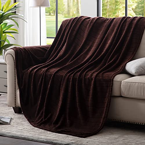 Bertte Plush Throw Blanket Super Soft Fuzzy Warm Blanket | 330 GSM Lightweight Fluffy Cozy Luxury Decorative Stripe Blanket for Bed Couch - 50"x 60", Brown