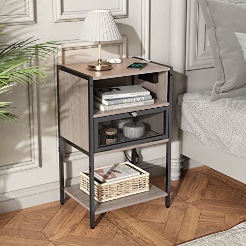 SOOWERY Nightstand with Charging Station, End Table with USB Ports and Outlets, Bedside Tables with Storage Space and Door, for Bedroom, Living Room, Greige
