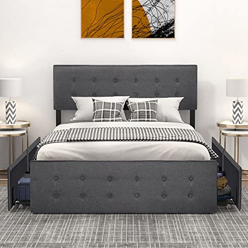IDEALHOUSE Queen Bed Frame with 4 Storage Drawers and Headboard, Adjustable Upholstered Headboard Beds Mattress Foundation with Wood Slat Support, No Box Spring Needed