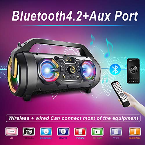 Bluetooth Speaker, 30W Portable Bluetooth Boombox with Subwoofer, FM Radio, RGB Colorful Lights, EQ, Stereo Sound, Booming Bass, 10H Playtime Wireless Outdoor Speaker for Home, Party, Travel, Camping