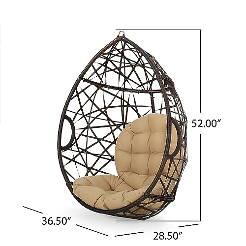 Christopher Knight Home Isaiah Indoor/Outdoor Wicker Tear Drop Hanging Chair (Stand Not Included), Multi-Brown and Tan