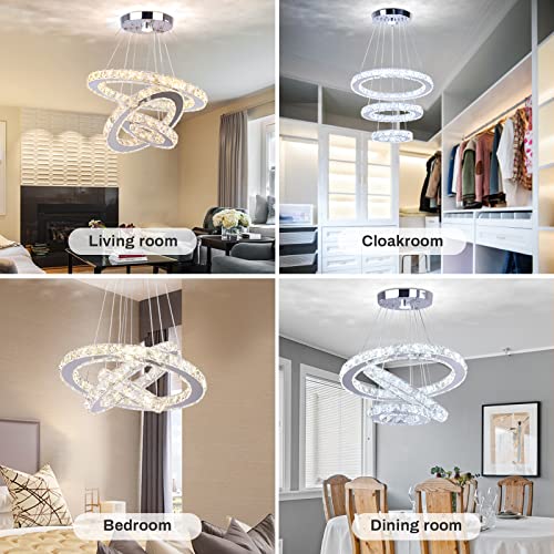 Modern LED Crystal Chandeliers 3 Ring Round Pendant Lighting Fixtures DIY Stainless Steel Ceiling Lamp Hanging Lights for Living Room Dining Room Bedroom Kitchen (Changeable Light)
