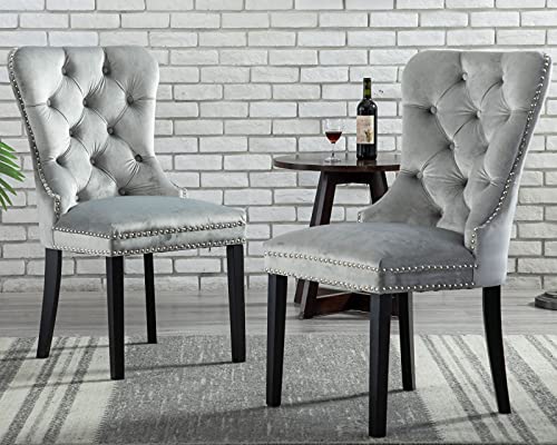 CIMOTA Velvet Dining Chairs Set of 4, Modern Tufted Dining Room Chairs with Nailhead Trim Upholstered Armless Side Chair with Solid Wood for Kitchen/Dining Room/Bedroom (Light Grey, Ring on The Back)