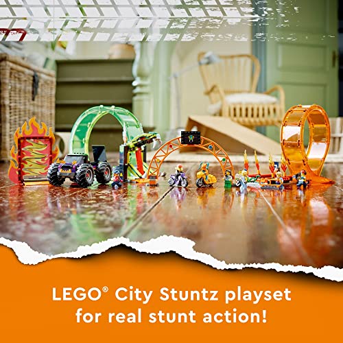 LEGO City Stuntz Double Loop Stunt Arena 60339, Monster Truck Playset with 2 Toy Motorcycles, Ramp, Wall of Flames, Ring of Fire, Snapping Snake Loop and 7 Minifigures, for Kids Ages 7 Plus