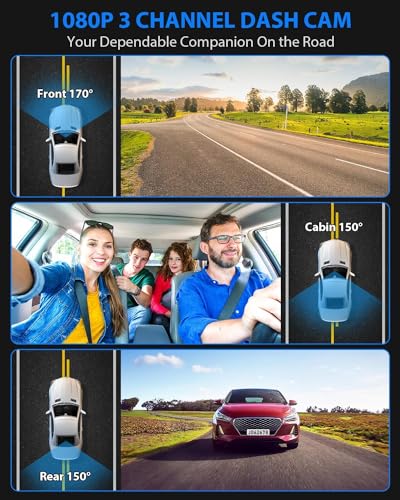 Dash Cam, 3 Channel Dash Cam, 1080P Dash Cam Front and Inside, Triple Dash Cam, Dash Camera with 32GB Card, HDR, G-Sensor, 24Hr Parking, Loop Recording