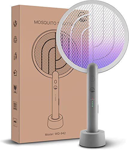 Electric Fly Swatter Racket, Mosiller 4000V 2 in 1 Bug Zapper with USB Rechargeable Base, Powerful Mosquitoes Trap Lamp & Fly Killer with 3-Layer Safety Mesh for Home, Bedroom, Kitchen, PatioοΌ1 PackοΌ