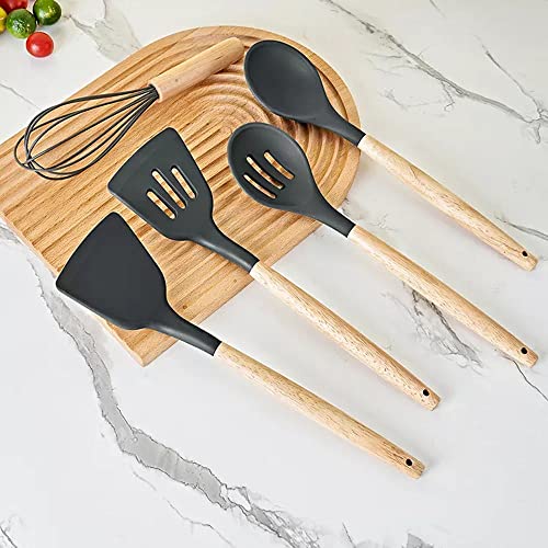 Karangred 12Pcs Silicone Cooking Kitchen Utensils Set with Holder,Wooden Handles Cooking Tool,BPA Free,Non Toxic Turner Tongs Spatula Spoon Kitchen Gadgets Set for Nonstick Cookware (Black)