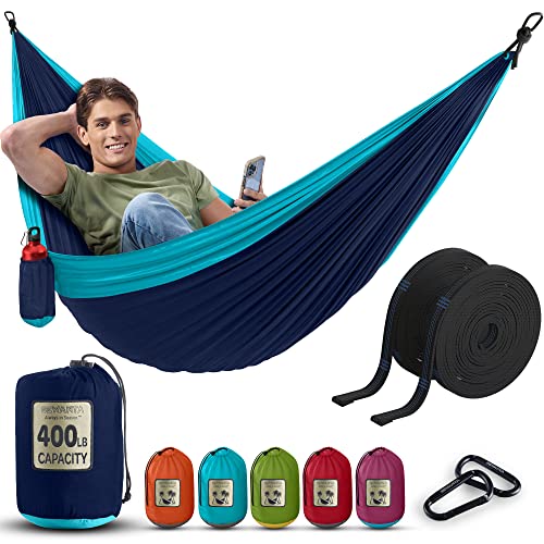 Durable Hammock 400 lb Capacity - Lightweight Nylon Camping Hammock Chair - Double or Single Sizes w/Tree Straps and Attached Carry Bag - Portable for Travel/Backpacking/ (Navy, Medium)