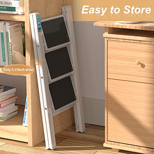 3 Step Ladder, SPIEEK Folding Step Stool with Wide Anti-Slip Thickened Pedal, Foldable Ladder 330 Lbs Capacity, Kitchen Step Stool for Adults, Lightweight Folding Ladder, White