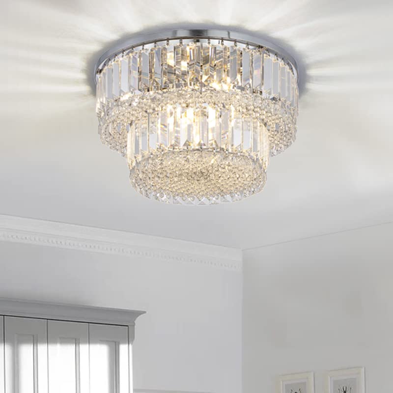 Berliget Chrome Crystal Flush Mount Chandelier, Modern Round Crystal Ceiling Light Fixture, Bling Silver Raindrop Ceiling Lamp for Closet Bedroom Living Room Dining Room, 2 Tier 6 Llight H10 x D16