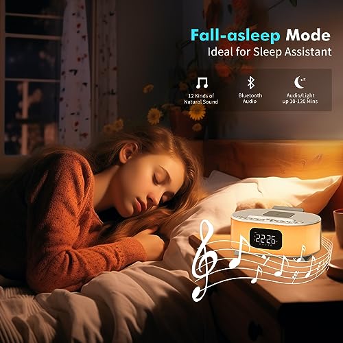 Digital Alarm Clock, Wireless Charger, Bluetooth Speaker, Snooze, Dual Alarms Sleep Timer 12 24H, Natural Sounds, Adjustable Night Light for Bedroom with 12 Colors, Ideal Gift for Heavy Sleepers